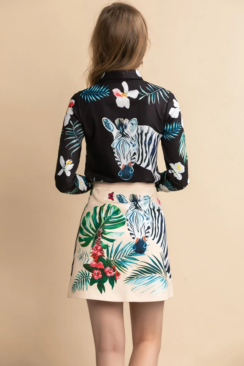 Red Roosarosee Designer Women 2 Piece Set Spring Summer Animal Print Sequins Long Sleeve Blouse Top+ Skirt Fashion Lady Suit
