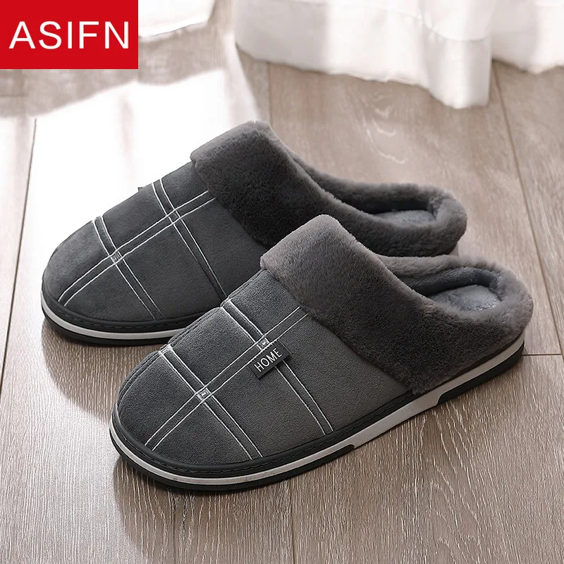 

ASIFN Big Sizes Men's Slippers Winter Cotton Fur Couple Solid Color Luxury Design Flat Thick TPR Sole Men Shoes Chanclas Hombre