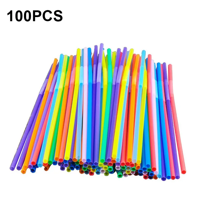 Изогнутые разноцветные пластиковые флуоресцентные соломинки для напитков 100 шт.