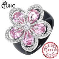 new luxury solid 925 sterling silver rings for women wedding pink aaa cz big flower healthy ceramic rings wedding jewelry gift