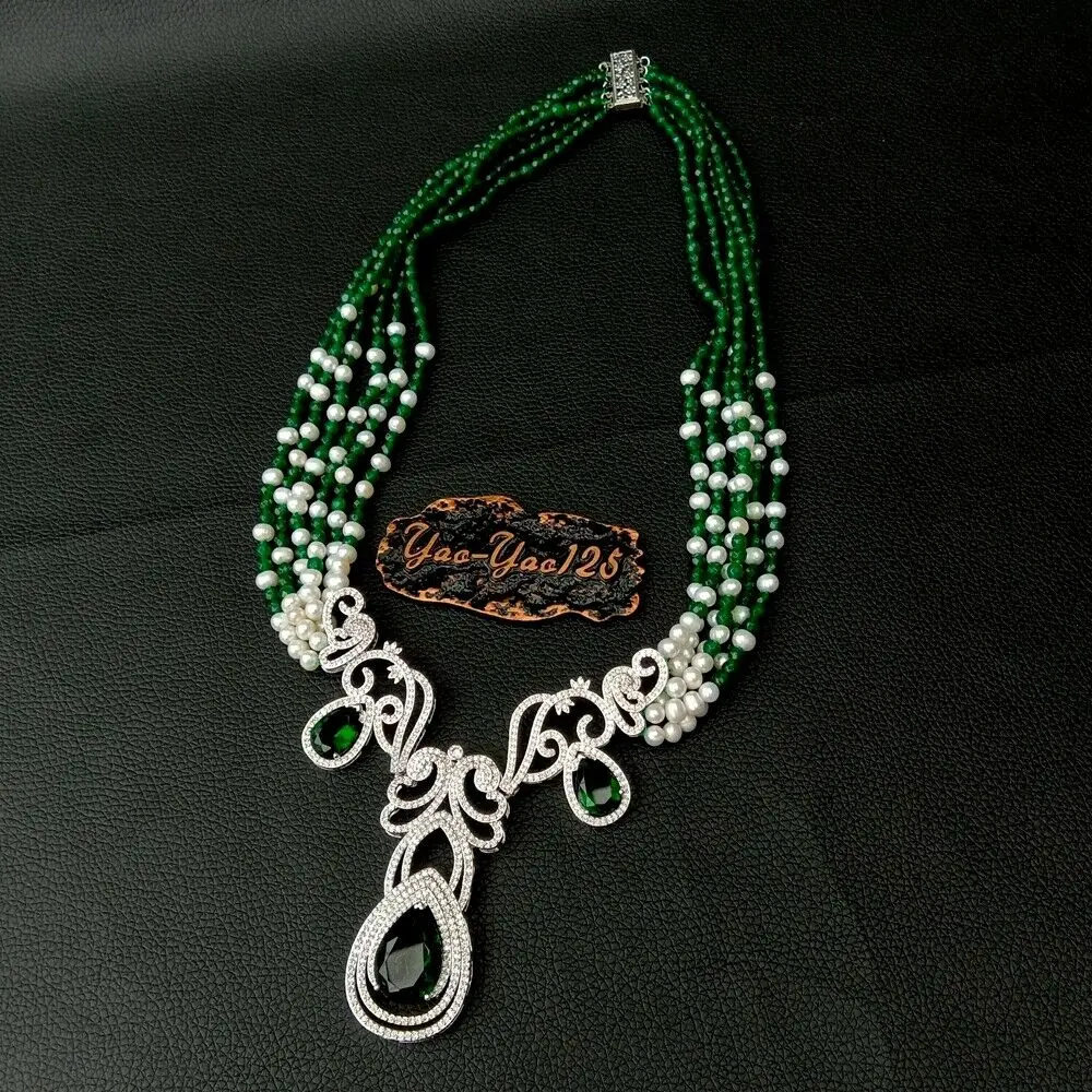 

21" 6 Strands White Pearl Green J1ade Necklace CZ Pendant