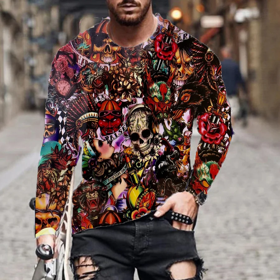 

New European and American Four Seasons Top Casual Loose Round Neck Fashion Skull Element Printed T-Shirt Quick Dry Long Sleeve
