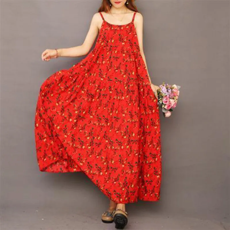 

Small Floral Cotton And Linen Dress, Summer Loose And Big Hem, Beach Dress, 2021 New Ethnic Style Print, Suspender Dress