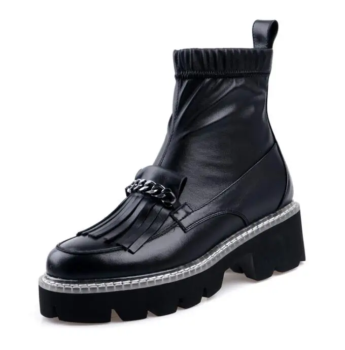 black Buono Scarpe/женские ботильоны с металлическими цепочками; полуботинки с эластичными кисточками; черная обувь на платформе в стиле панк; Mujer; женские носки; - Цвет: black