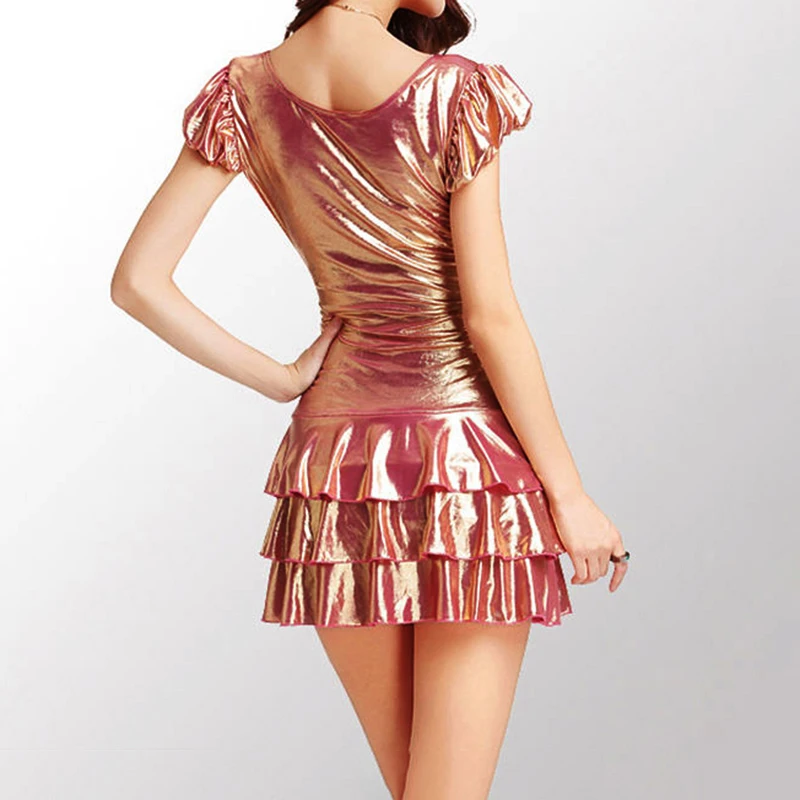 Плиссированное Платье трапециевидной формы с рукавами фонариками блестящее