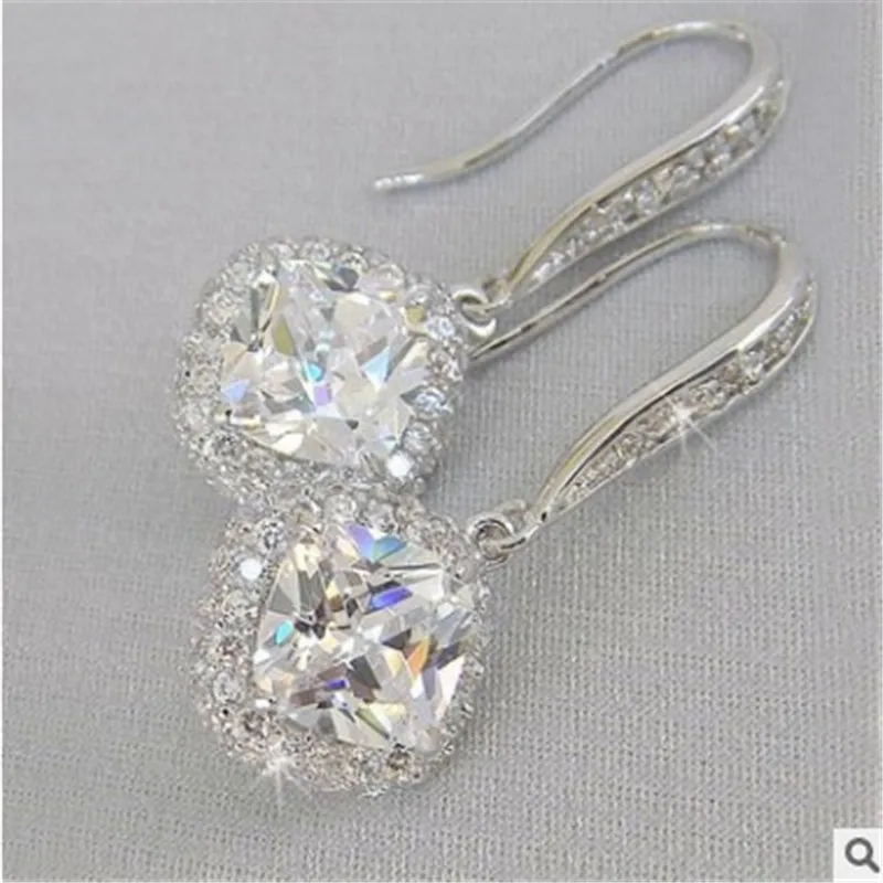 

Fashion Silver Plated Square White Zircon Pendant Earrings Bride Wedding Engagement Jewelry Anniversary Valentine's Gift