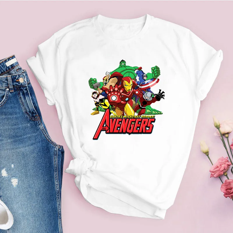 

New Lady T-shirts Marvel Avengers Graphic T Shirt Women Summer Fashion White Streetwear Tops Disney Brand Casual Female Clothing