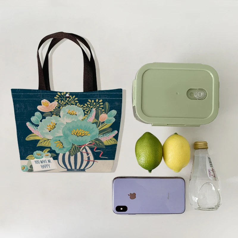 

Korean Fashion Women Ladies Handbag Beautiful Fresh Blooming Flowers Print Canvas Shopping Bag Mommy Lunch Bags Outdoor Beach