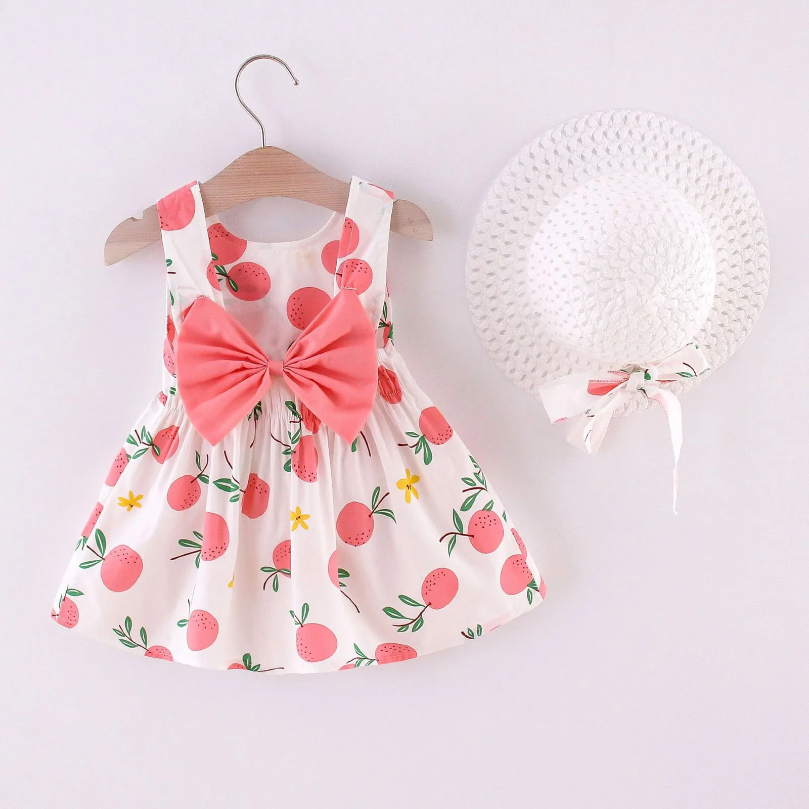 

Baby Girls Dress With Hat 2pcs Clothes Sets Fruits Print Toddler Kids Clothes Baby Sleeveless Birthday Party Princess Dress