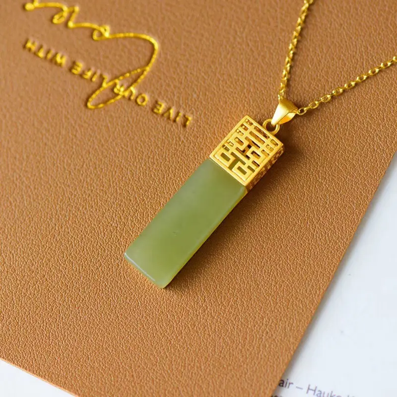 

Natural Hetian Gray Jade Double Happiness Lucky Pendant Pendant S925 Sterling Silver Ancient Gold Craft Inlaid Safe Gift