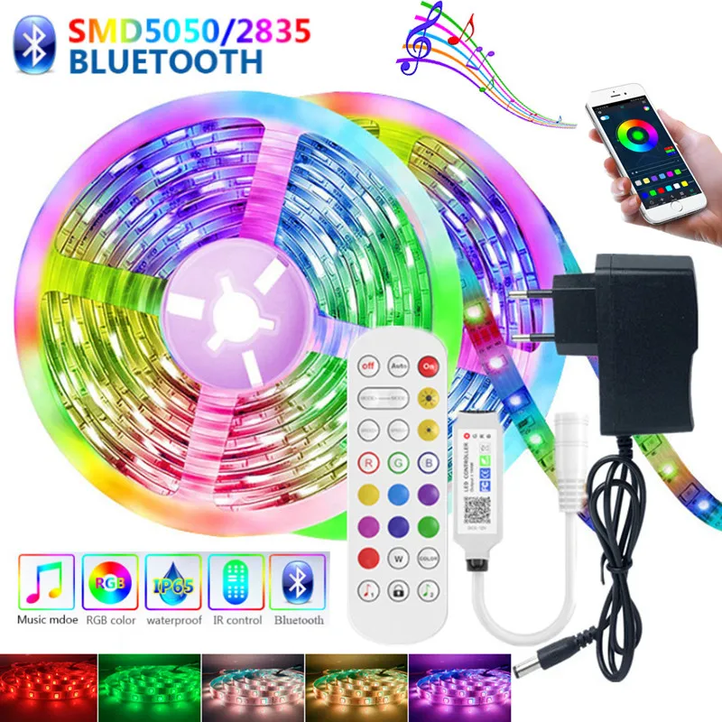 

LED Strip Light 5050 2835 10M 5M Bluetooth Music LED Lights RGB Led Tape Diode Ribbon Flexible Room Decoration DC12V Adapter Set