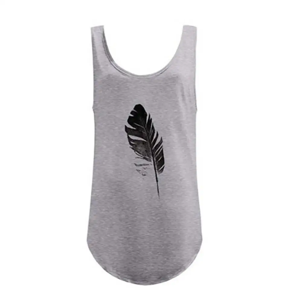 

Casual Summer Feather Print Women Round Neck Sleeveless Vest T-Shirt Tank Top