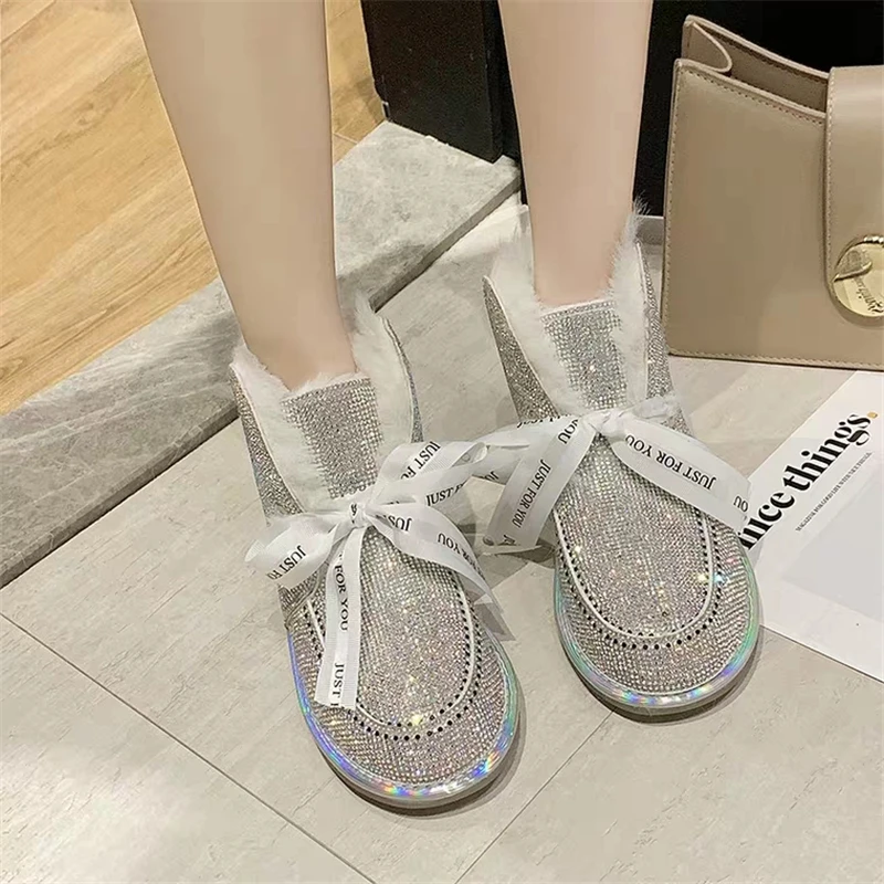 Зимние сапоги женские меховые универсальные зима 2021 новые Стразы с бантом