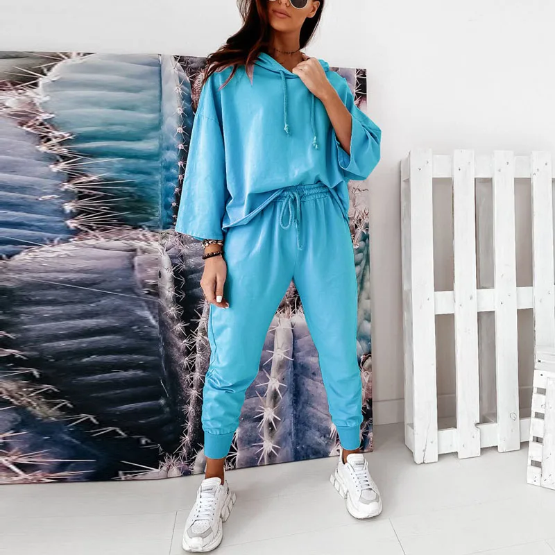 

Woman Tracksuits Two Piece Suits Spring Women's Streetwear Sweatshirt + Sports Shorts Loose Solid Color Sets Fashion Hood