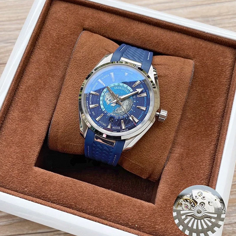 

New Men's Watch 2021 Automatic Mechanical Stainless Steel Bracelet Calendar 41mm Sapphire Blue Rubber World Map Watches