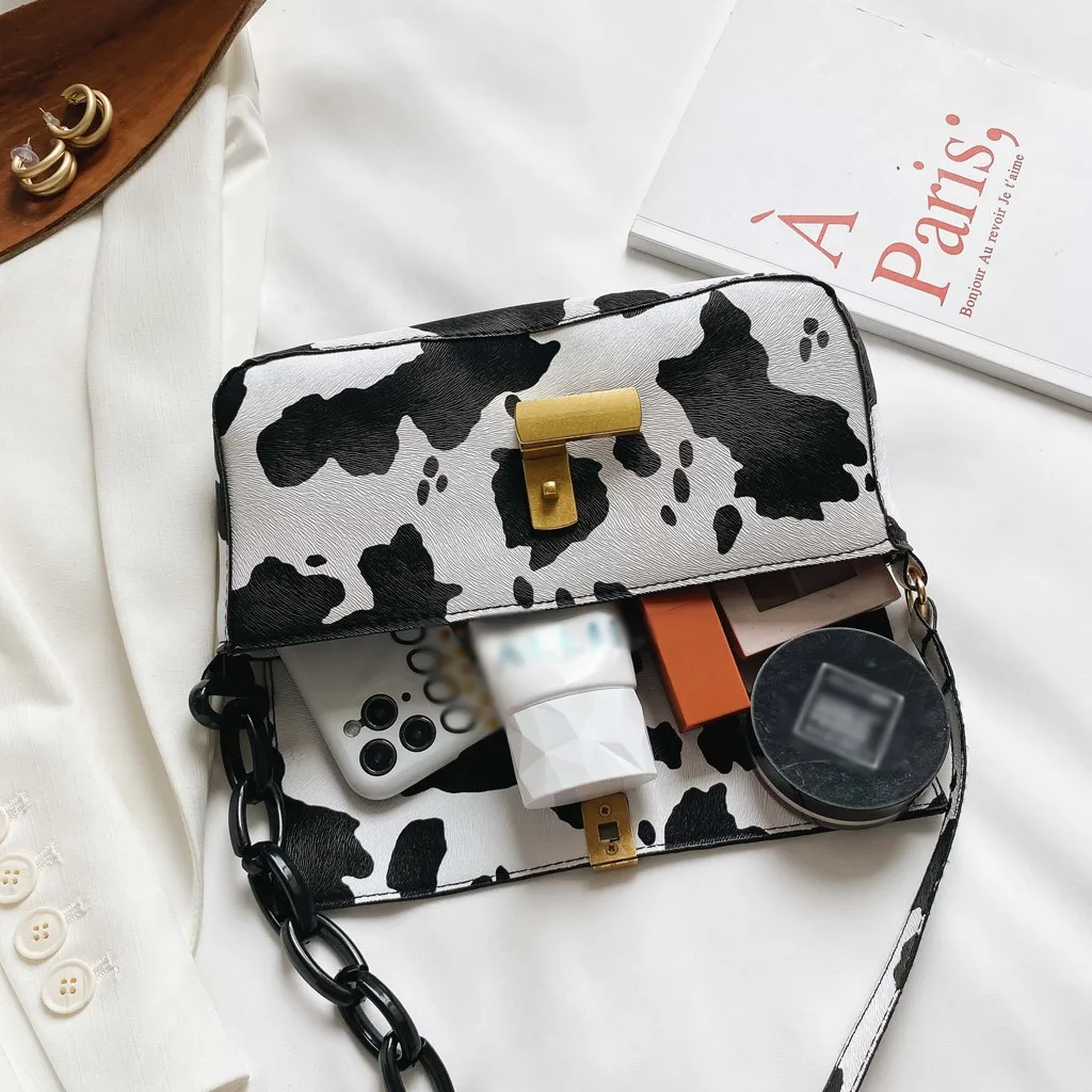 Винтажные кожаные женские сумочки Багет модные сумки с рисунком коровы на плечо