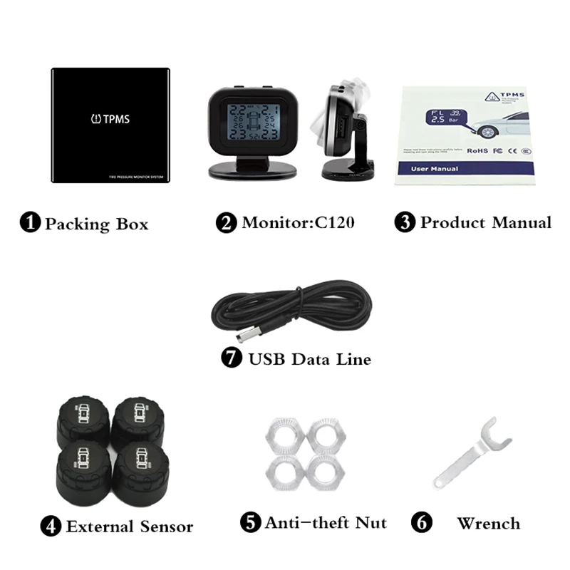 

New Car Tire Pressure Monitoring System TPMS Digital Display USB Charging Adjustable Screen