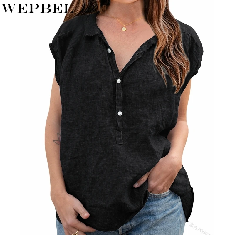 

WEPBEL Shirt Women's Casual Loose Single-Breasted Shirt Summer Short Sleeve Turn-down Collar Solid Color Pullover Shirt