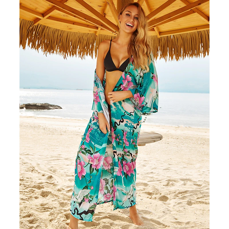 Женская пляжная одежда в китайском стиле зеленая хлопковая туника пикантная