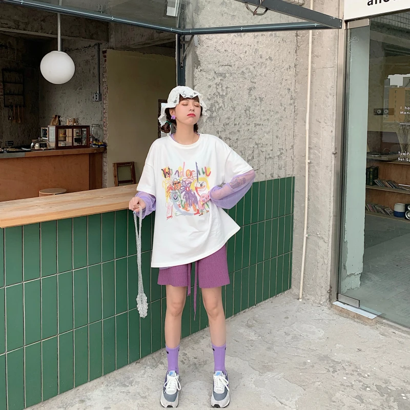 

Letter Cartoon Print Loose T-shirt Female Korean Harajuku Women's T-shirts Tops Japanese Kawaii Ladies Ulzzang Clothes for Women