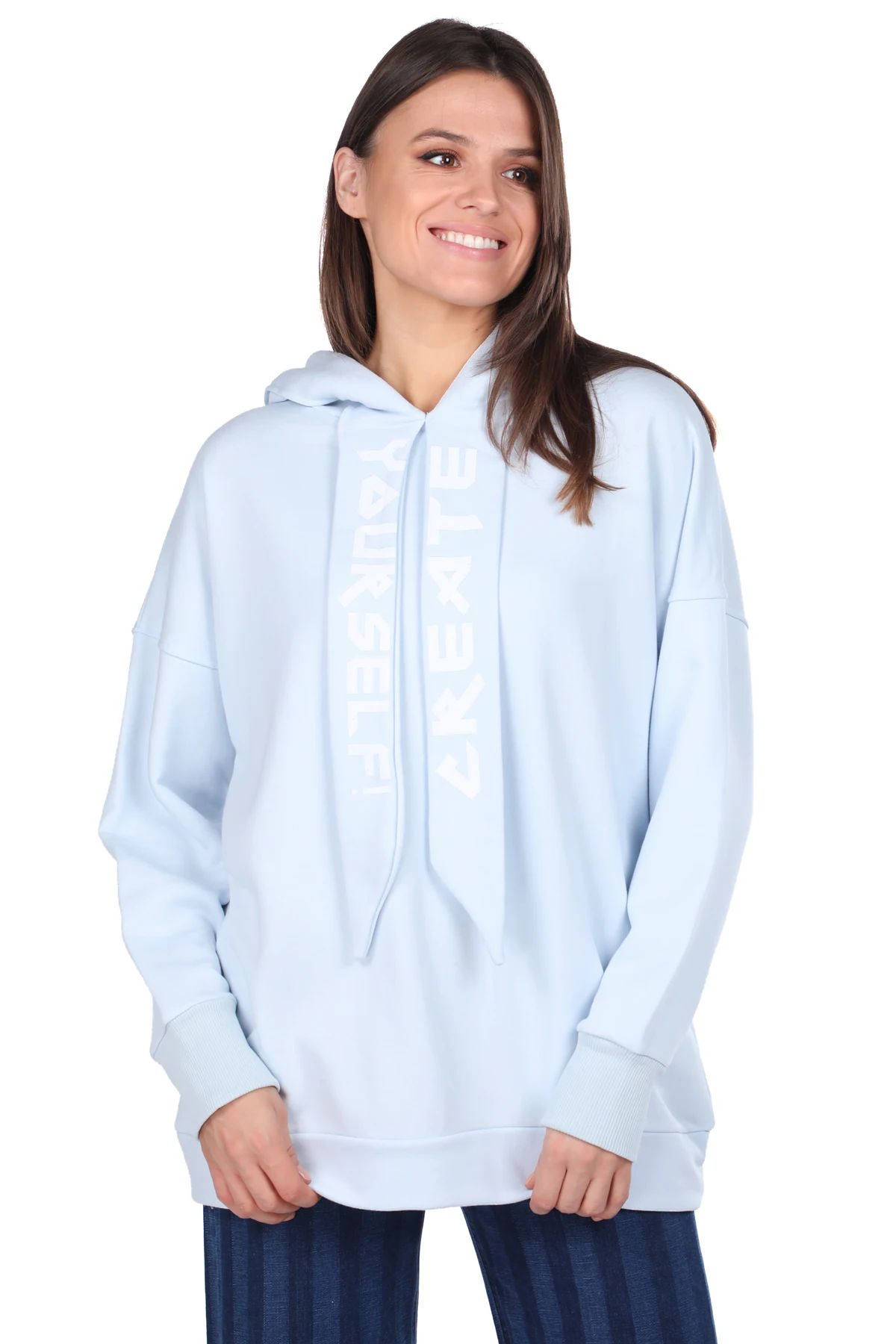 

Blue Hooded Basic Women Sweatshirts