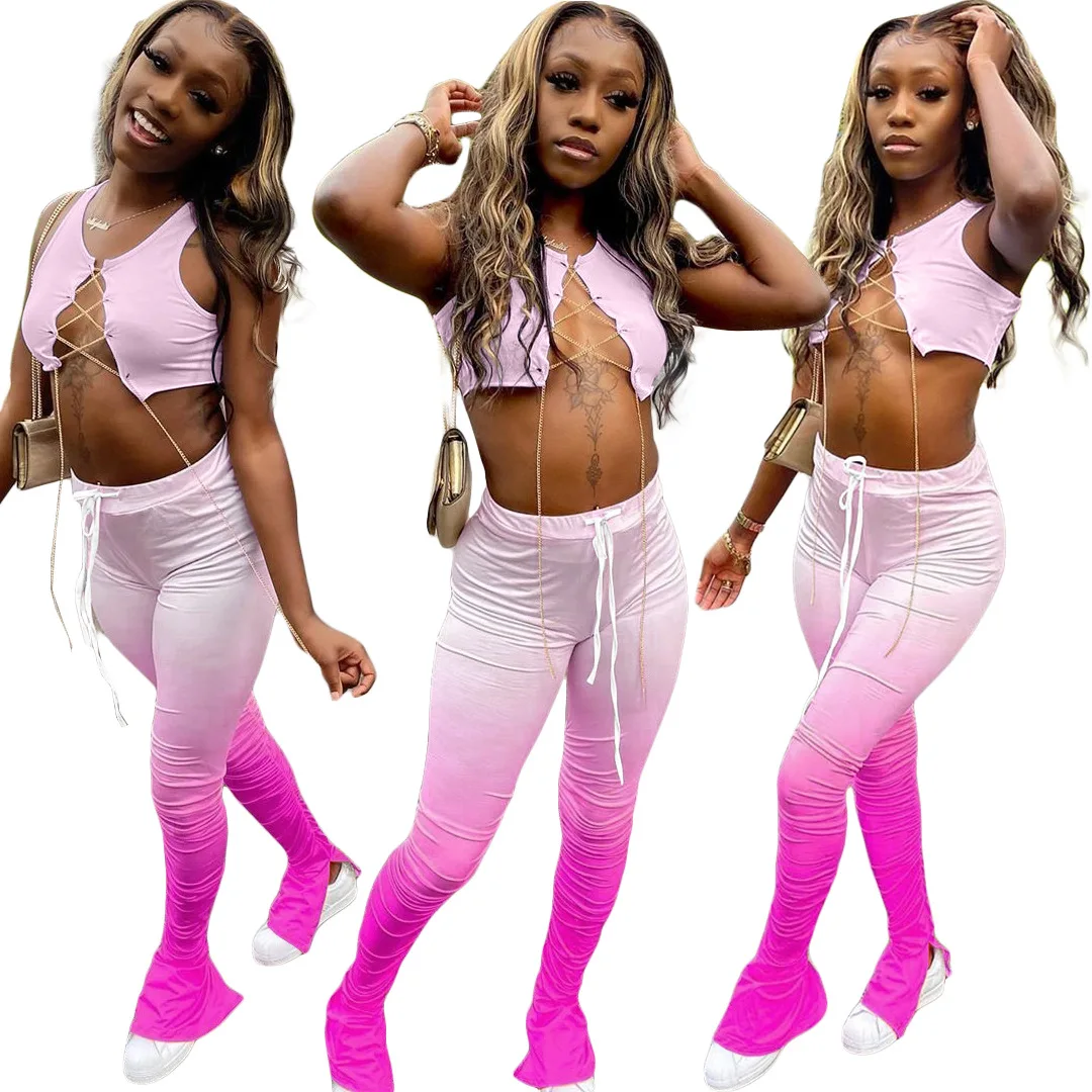 

2020 Summer New Women Suit Sexy Solid-color Gradient Sleeveless Crop Top Stacked Leggings European American Two Piece Set