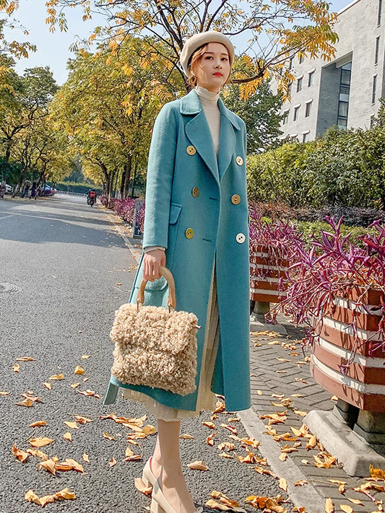 

Внесезонное двубортное кашемировое пальто, женское средней длины, Осень-зима 2021, новое популярное корейское шерстяное пальто с двумя рядам...