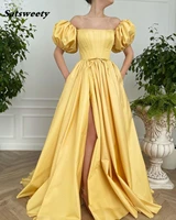 yellow taffeta prom dresses with pockets a line puffy short sleeves evening party gowns robes de soir%c3%a9e corset back