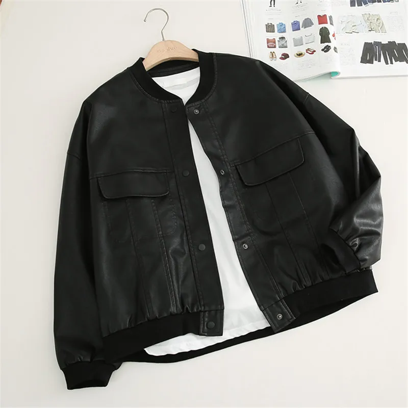Женское пальто из искусственной кожи с длинным рукавом бейсбольная куртка на