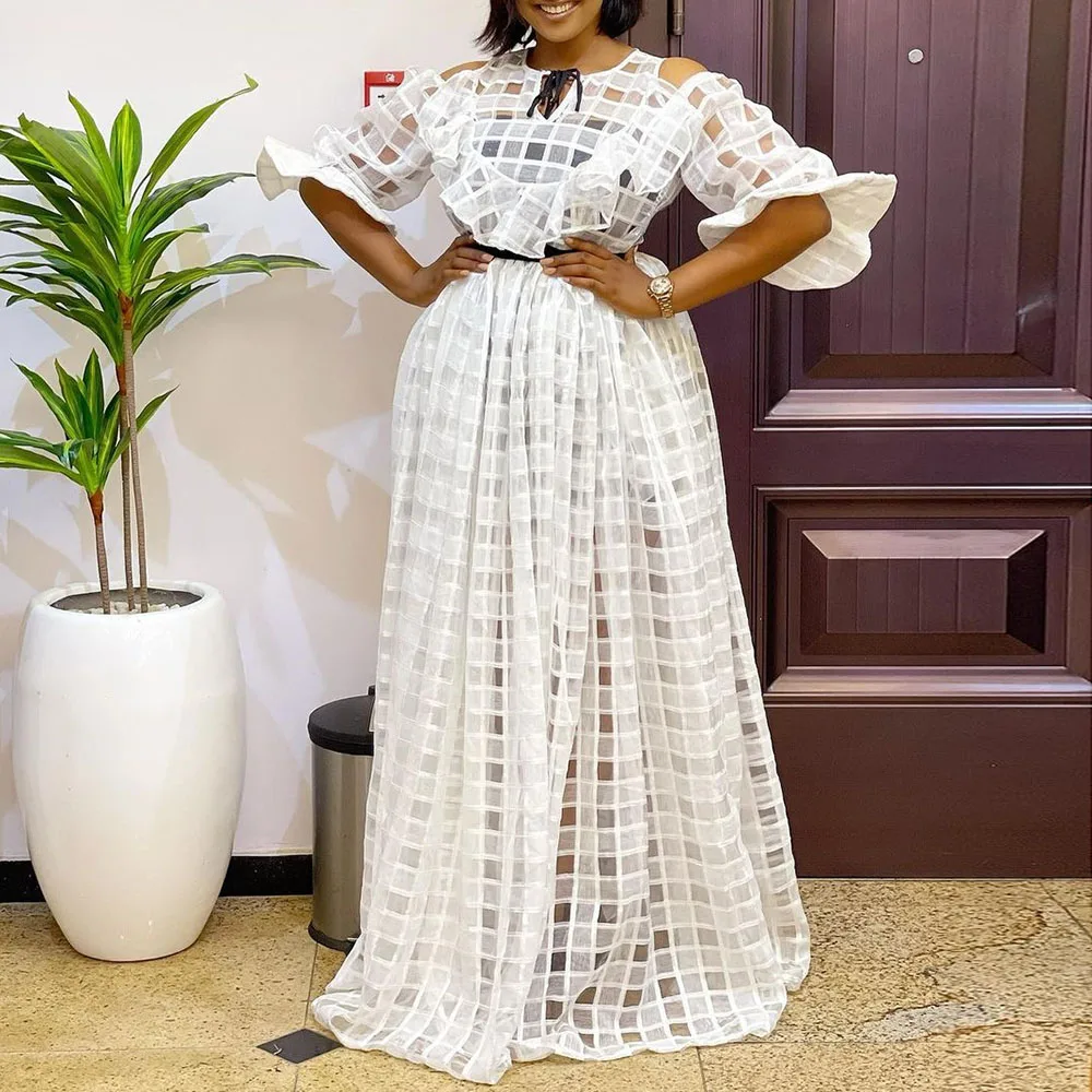

Women Long Dress White Cut Out See Through Female Casual High Waist Belt Party Dresses Elegant Half Sleeve Autumn 2021 Ladies