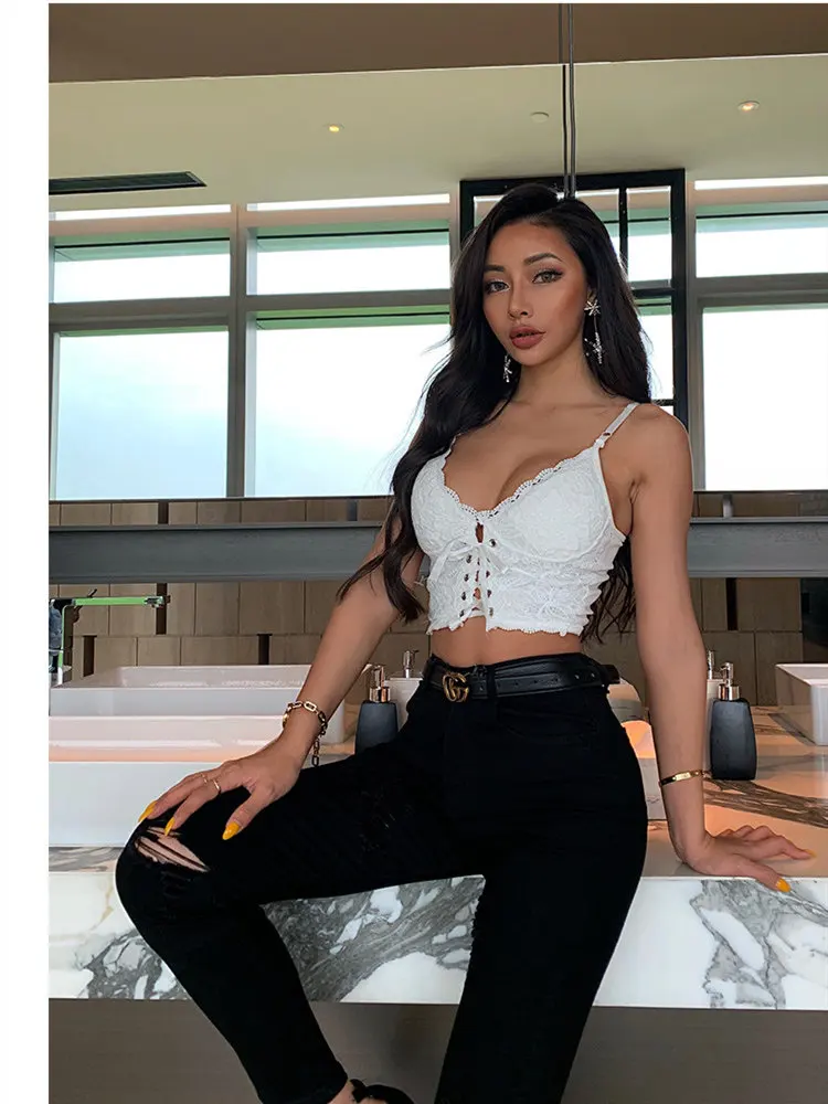 XIBANI Sexy Lace Strap Backless Short Women Crop Top Nightclub Solid Black Lace Up Summer Beach Boho Women Camis Top Tank Top