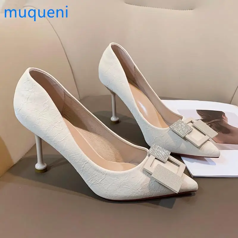 

Shiny square metal pointed toe elegant single shoes women crystal rivet high heels stiletto high heels rhinestone velvet shoes