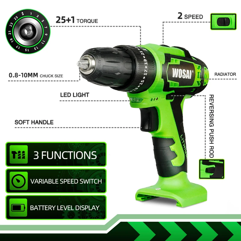 WOSAI ударная Электрическая дрель электрическая отвертка 3 Функция 40NM/Сталь