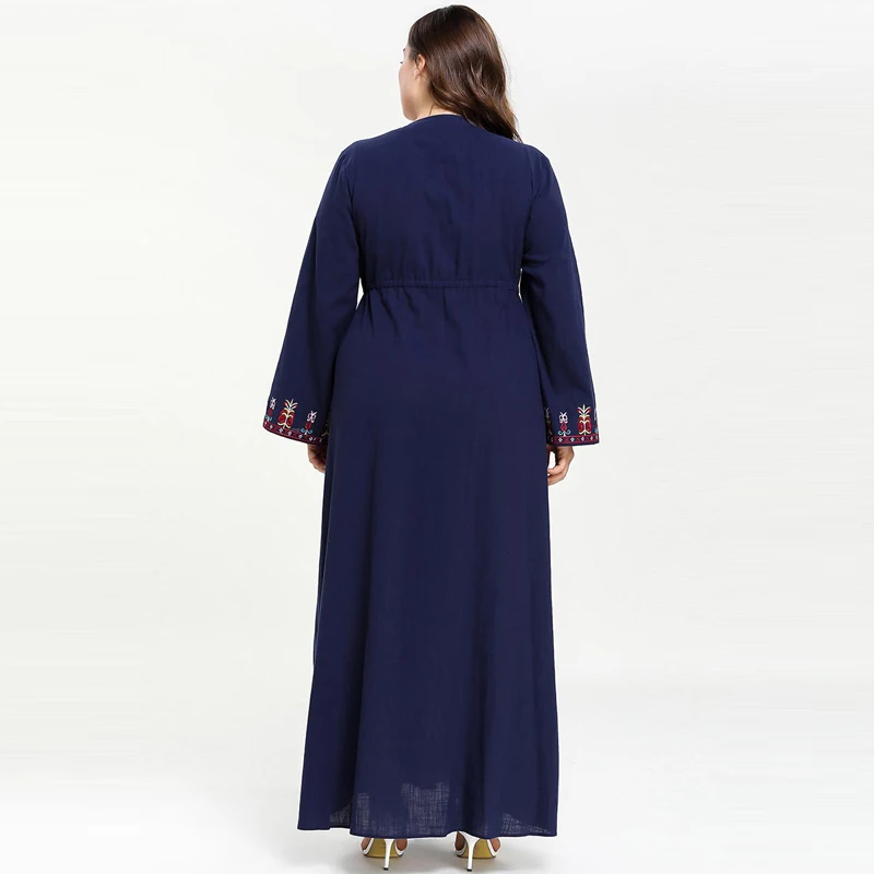 

Women Muslim Dress Embroidery V neck kaftan moroccan Abaya Plus size Islamic clothing Flare Sleeve Dark Blue plus size vestidos