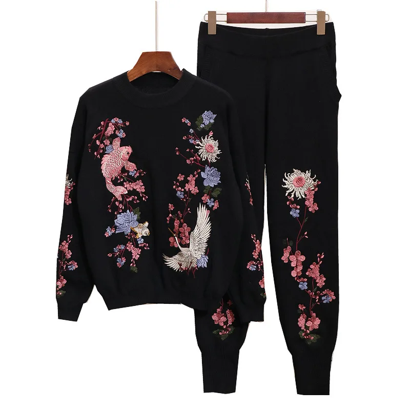 

SuperAen Autumn and Winter Fashion New Embroidered Carp Pattern Jacket Casual Suit Two Piece Set Women