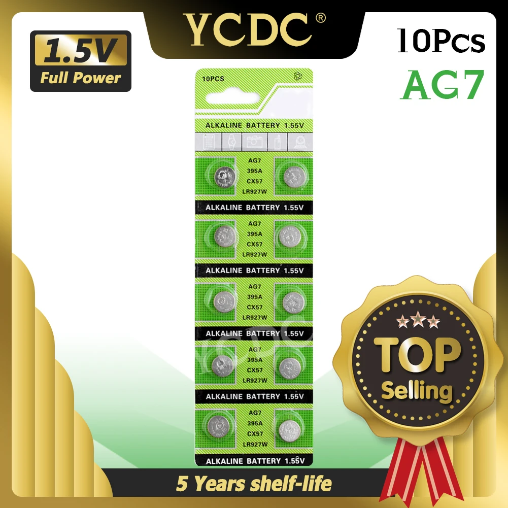 

YCDC 10pcs/card AG7 395 SR927SW 399 SR927W LR927 V395 SR57L SR57 610 613 Watch Toys Battery Button Coin Cell Alkaline Batteries