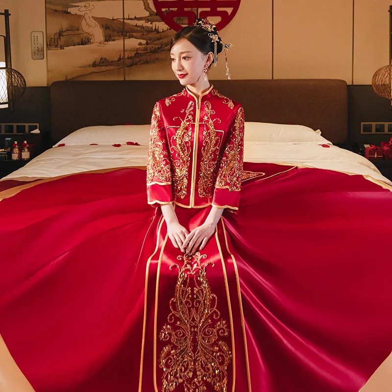 Traditional Flower Sequins Embroidery Chinese Cheongsam Couple Wedding Suit Elegant Bride Marry Dress китайская одежда