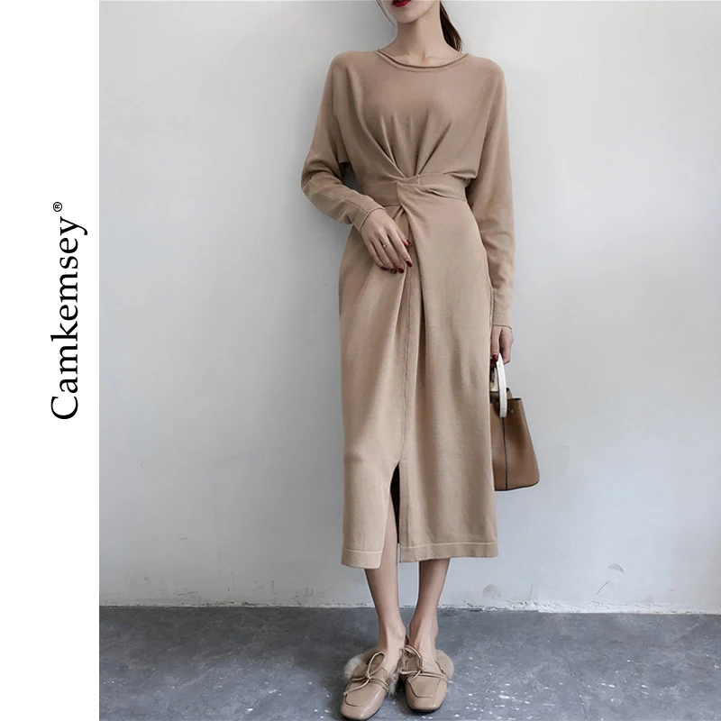 Женское трикотажное платье с длинным рукавом длинное в Корейском стиле