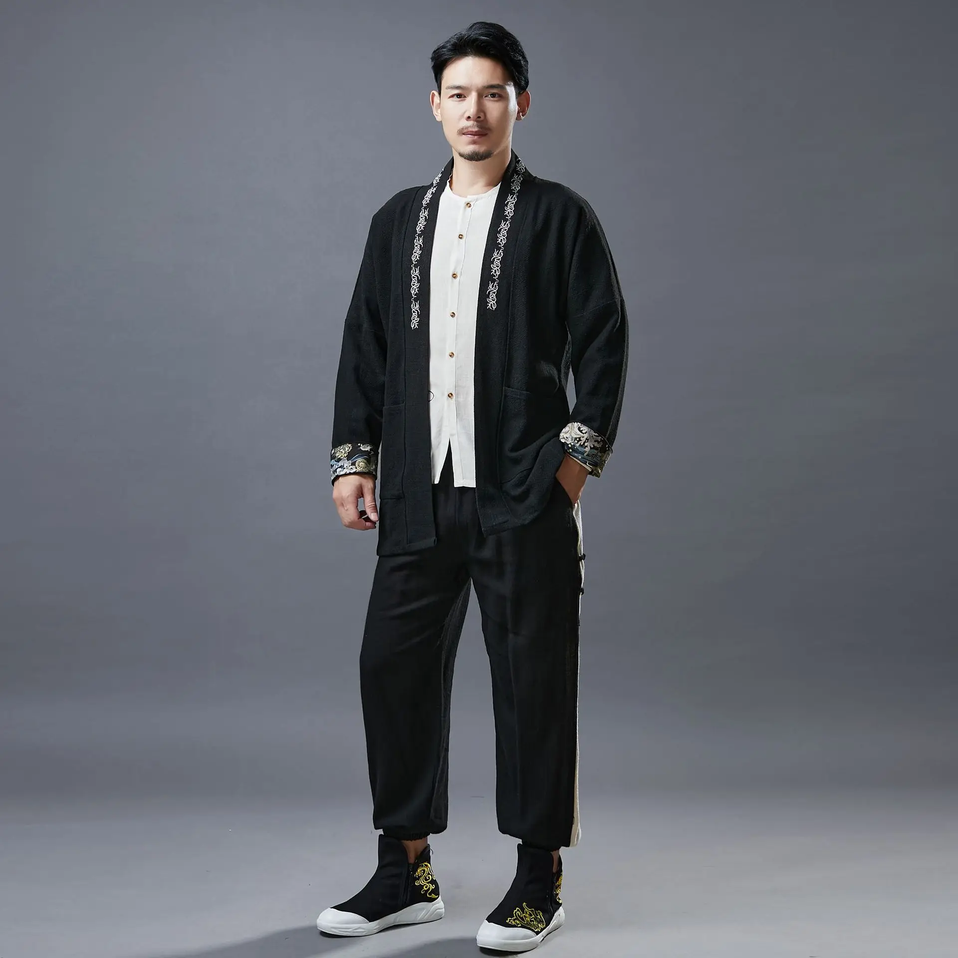 Кардиган в китайском стиле с вышивкой свободное повседневное пальто из хлопка и