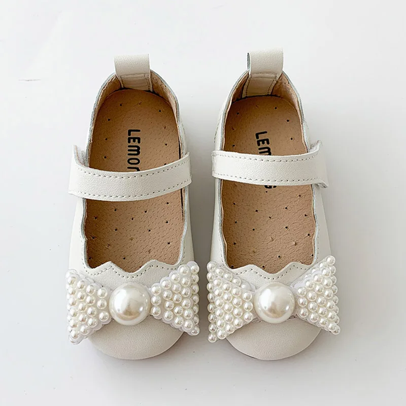 Girls Shoes Pearls Bow Mary Janes Kids Flats White Wedding For Flowers Princess Baby Bead Single Shoe |