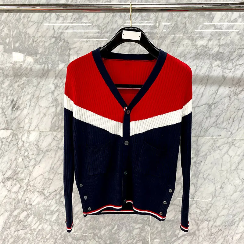 

2021 Autumn Luxury Cardigan Wool Women Jacket tb Striped V-Neck Top Coat Korean Design High Quality Sweater Long Sleeve