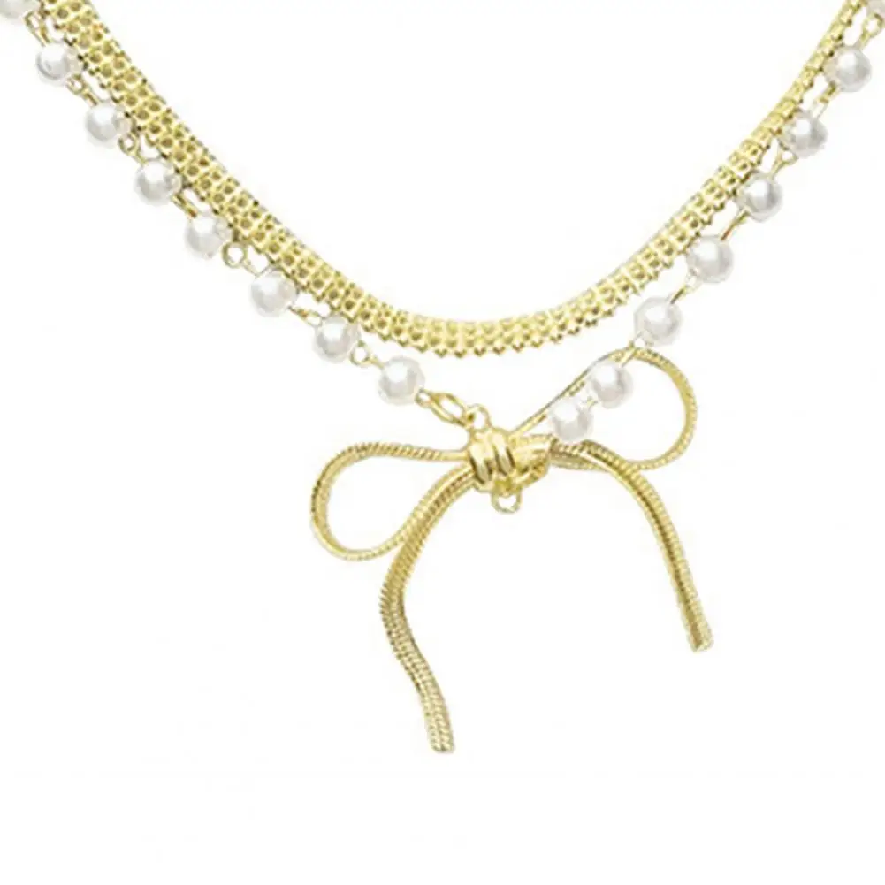 

70% Hot Sell Necklace Lovely Elegant Stainless Bow-knot Faux Pearl Choker for Women