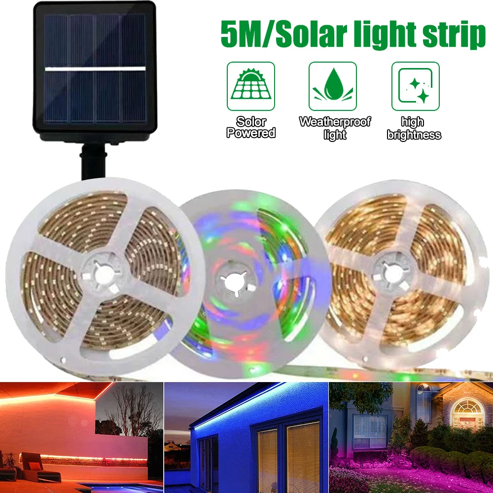 Led Strip Light RGB 5M Solar Waterproof IP65 IP67 solar lamp 1600mAh 3 Modes lighting Tape Ribbon Outdoor | Лампы и освещение