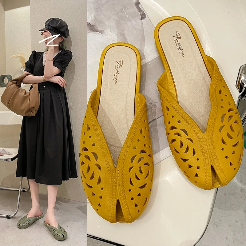 

Female Shoes Ladies' Slippers Fretwork Heels Peep Toe Low Loafers 2021 Soft Summer Flat Cover Slides Rubber Rome PU Fabric