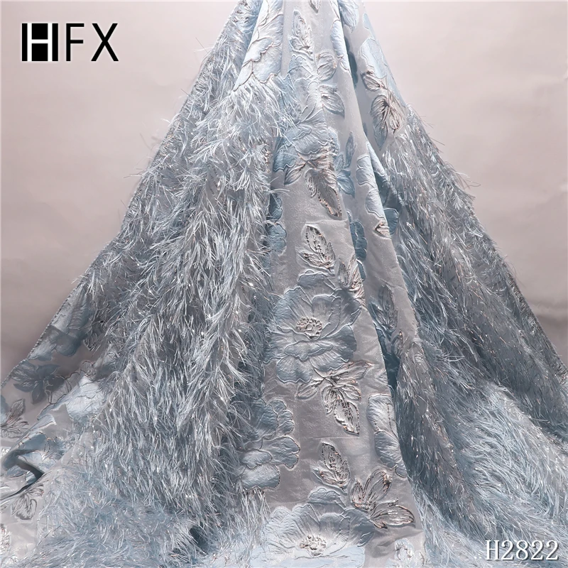 HFX Новая высококачественная африканская жаккардовая ткань с перьями французское кружево с блестками материал для свадебного платья H2822