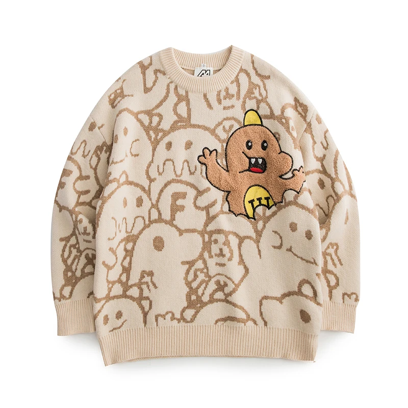 

2021 Autumn New Street Fashion Brand Retro BF Cartoon Personalized Towel Embroidered Pullover Men's Sweater