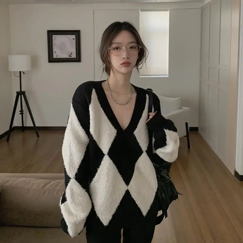 Женский трикотажный пуловер WSYORE черный и белый Свободный Повседневный длинный