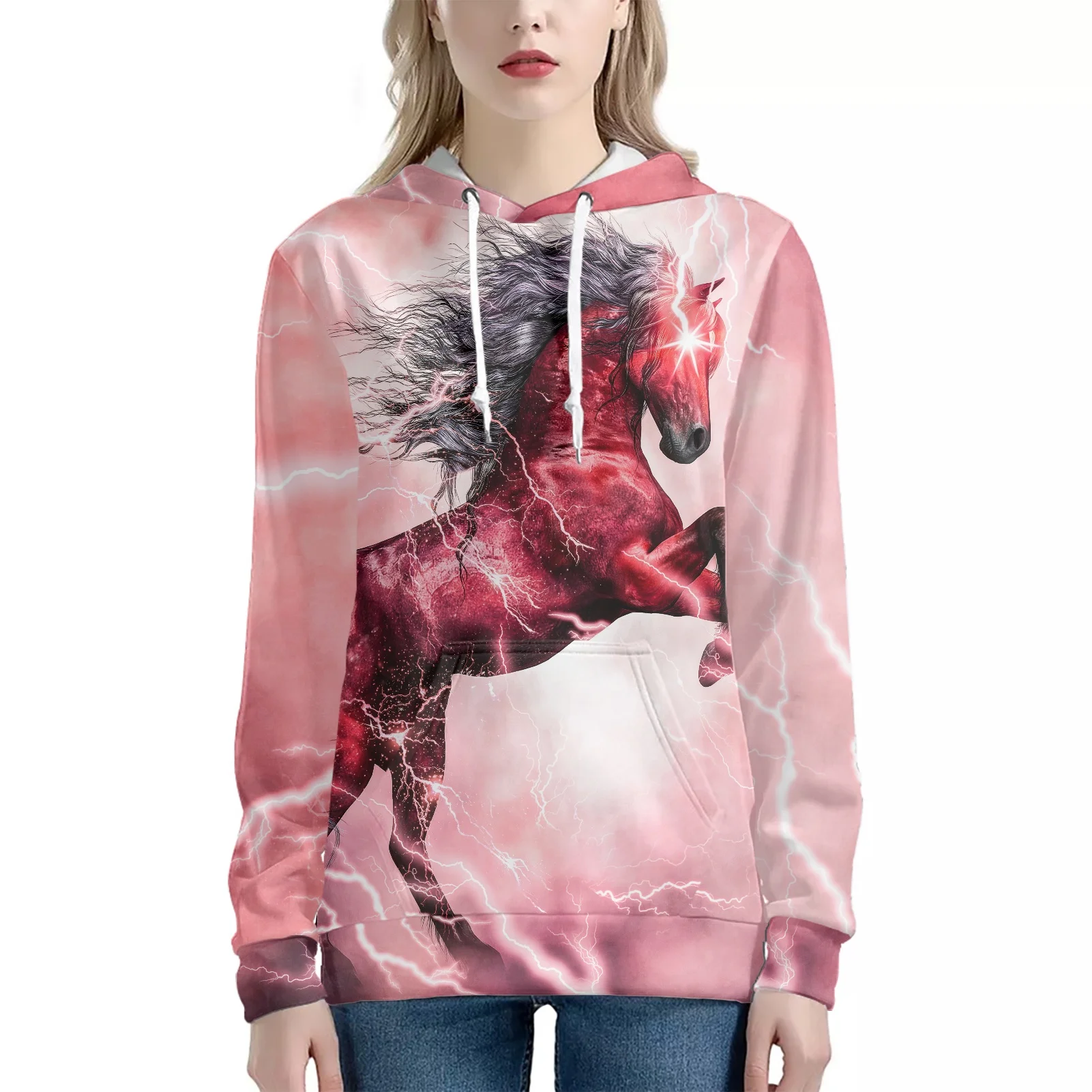 

Women Hoodie Custom Print Horse Racing Pattern Design Pink Hoodie Hooded Sweatshirts Tunic Tops Long Sleeve Pullover Sweatshirt