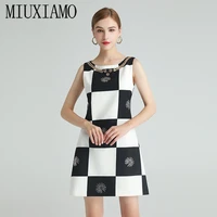 miuximao high quality 2021 spring sleeveless diamonds lattice flower print elegant mid calf casual dress women vestidos