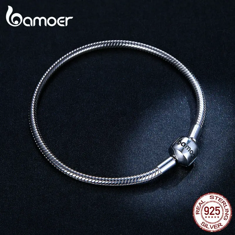 Bamoer, фирменный серебряный браслет со змеей 925, 3 мм, основные оригинальные браслеты для женщин, Стерлинговое серебро 925, сделай сам, хорошее ювелирное изделие BSB032
